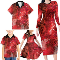 Aotearoa Taniko Matariki Family Matching Long Sleeve Bodycon Dress and Hawaiian Shirt Cosmic Red LT7 - Polynesian Pride