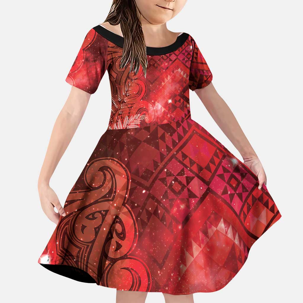 Aotearoa Taniko Matariki Family Matching Mermaid Dress and Hawaiian Shirt Cosmic Red LT7 Daughter's Dress Red - Polynesian Pride