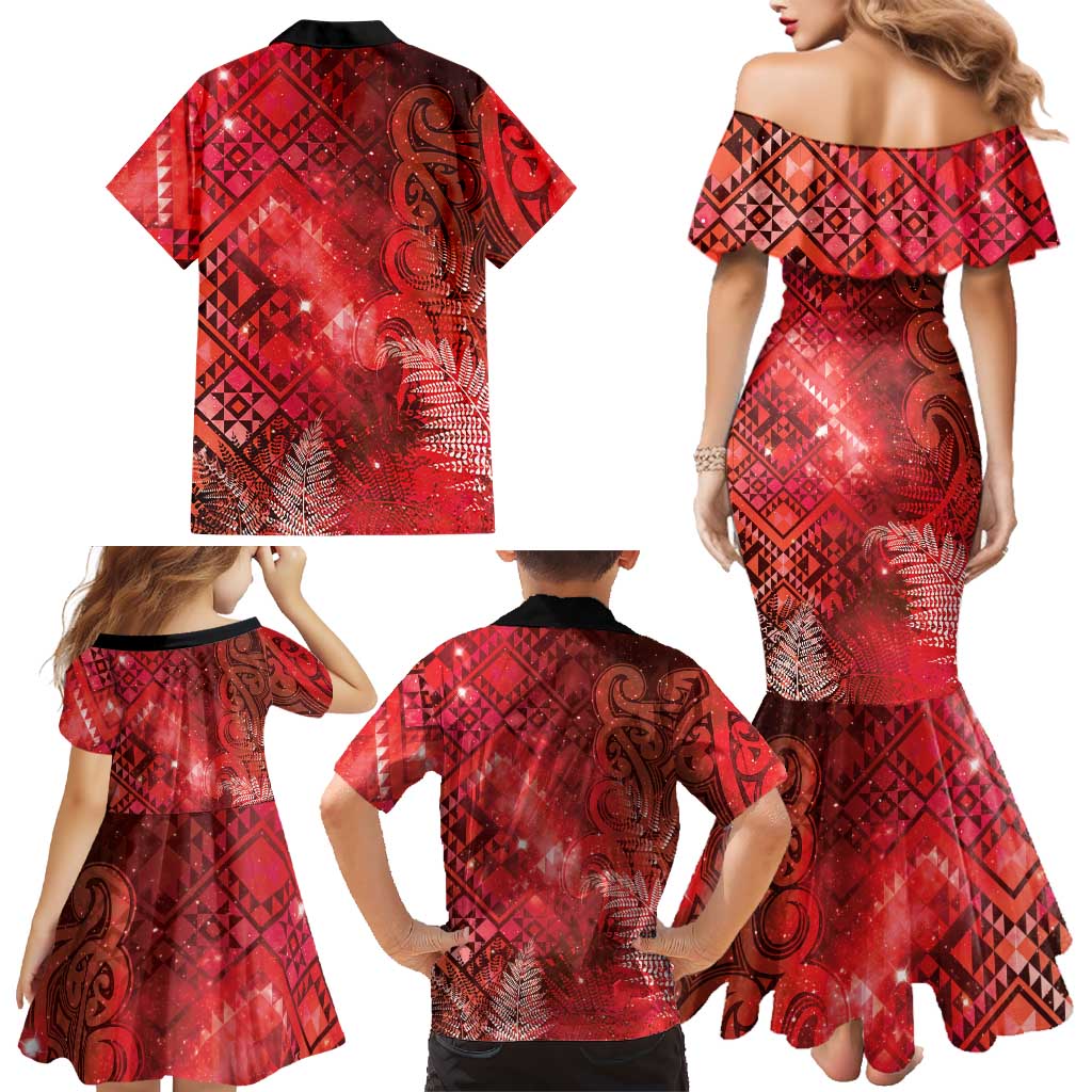 Aotearoa Taniko Matariki Family Matching Mermaid Dress and Hawaiian Shirt Cosmic Red LT7 - Polynesian Pride