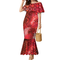 Aotearoa Taniko Matariki Family Matching Mermaid Dress and Hawaiian Shirt Cosmic Red LT7 Mom's Dress Red - Polynesian Pride