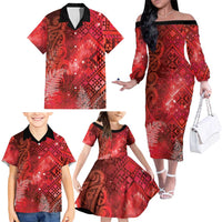 Aotearoa Taniko Matariki Family Matching Off The Shoulder Long Sleeve Dress and Hawaiian Shirt Cosmic Red LT7 - Polynesian Pride