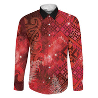Aotearoa Taniko Matariki Family Matching Off The Shoulder Long Sleeve Dress and Hawaiian Shirt Cosmic Red LT7 Dad's Shirt - Long Sleeve Red - Polynesian Pride