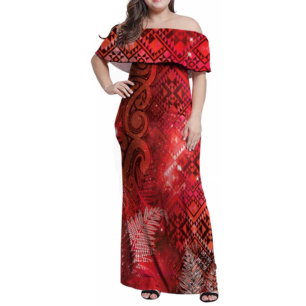 Aotearoa Taniko Matariki Family Matching Off Shoulder Maxi Dress and Hawaiian Shirt Cosmic Red