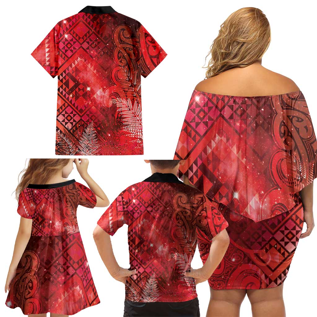 Aotearoa Taniko Matariki Family Matching Off Shoulder Short Dress and Hawaiian Shirt Cosmic Red