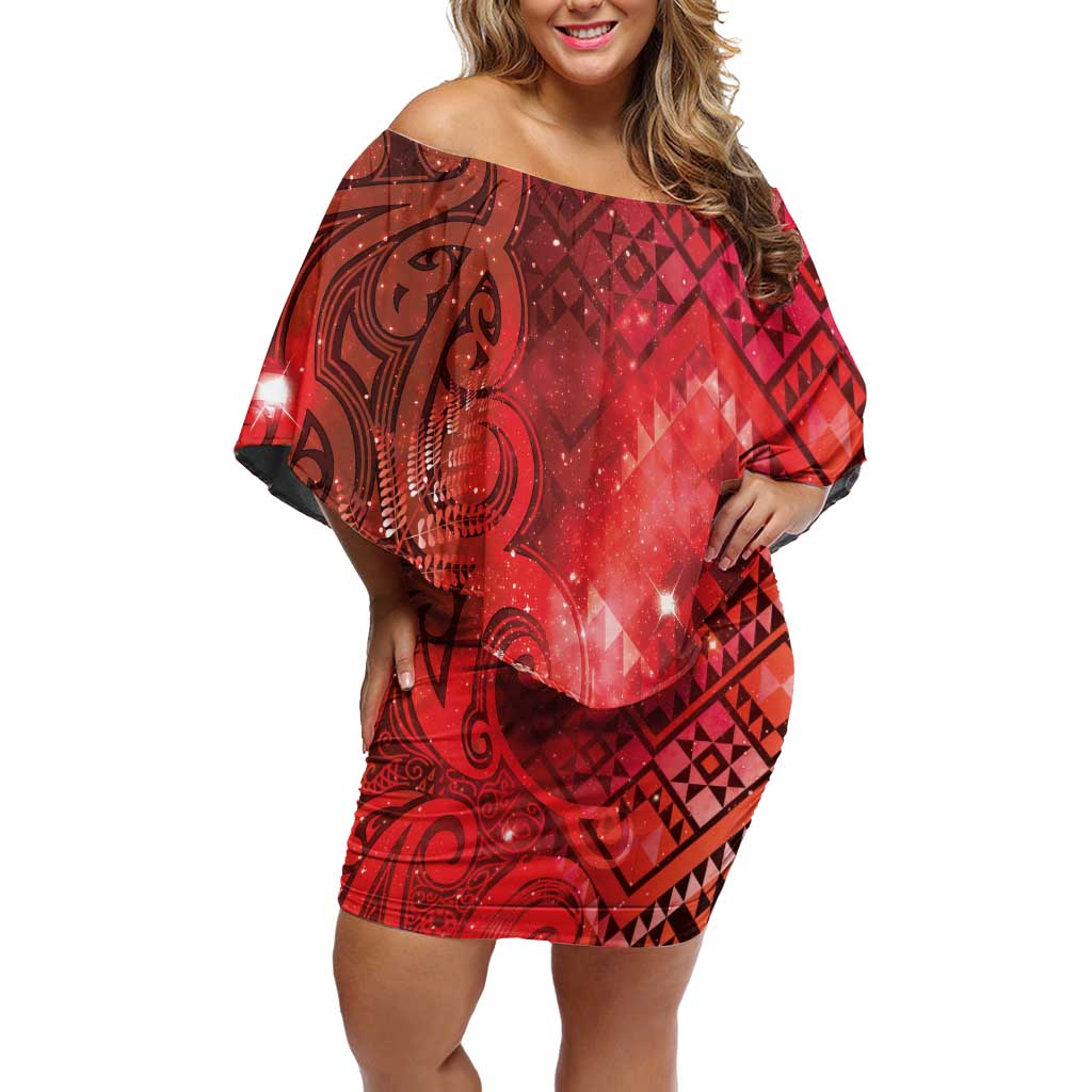 Aotearoa Taniko Matariki Family Matching Off Shoulder Short Dress and Hawaiian Shirt Cosmic Red