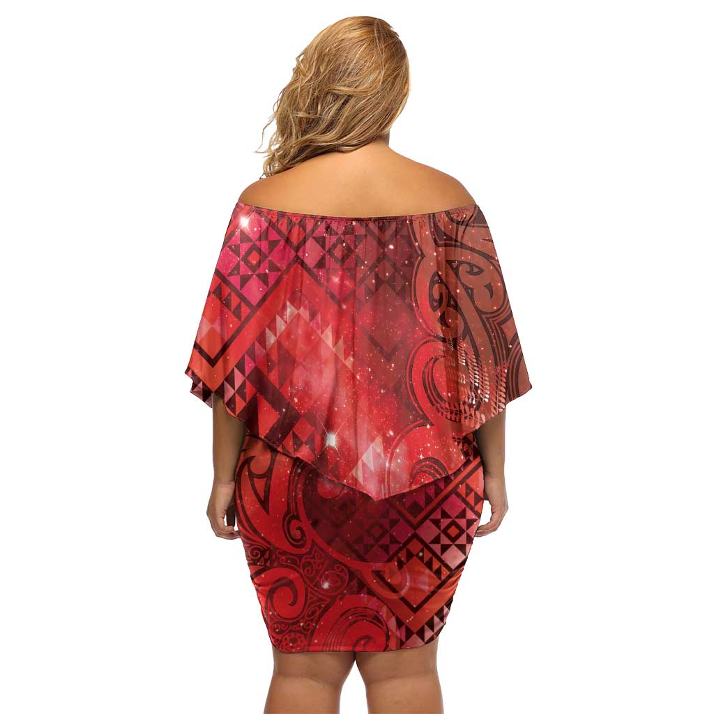 Aotearoa Taniko Matariki Family Matching Off Shoulder Short Dress and Hawaiian Shirt Cosmic Red