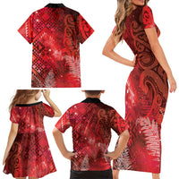 Aotearoa Taniko Matariki Family Matching Short Sleeve Bodycon Dress and Hawaiian Shirt Cosmic Red LT7 - Polynesian Pride