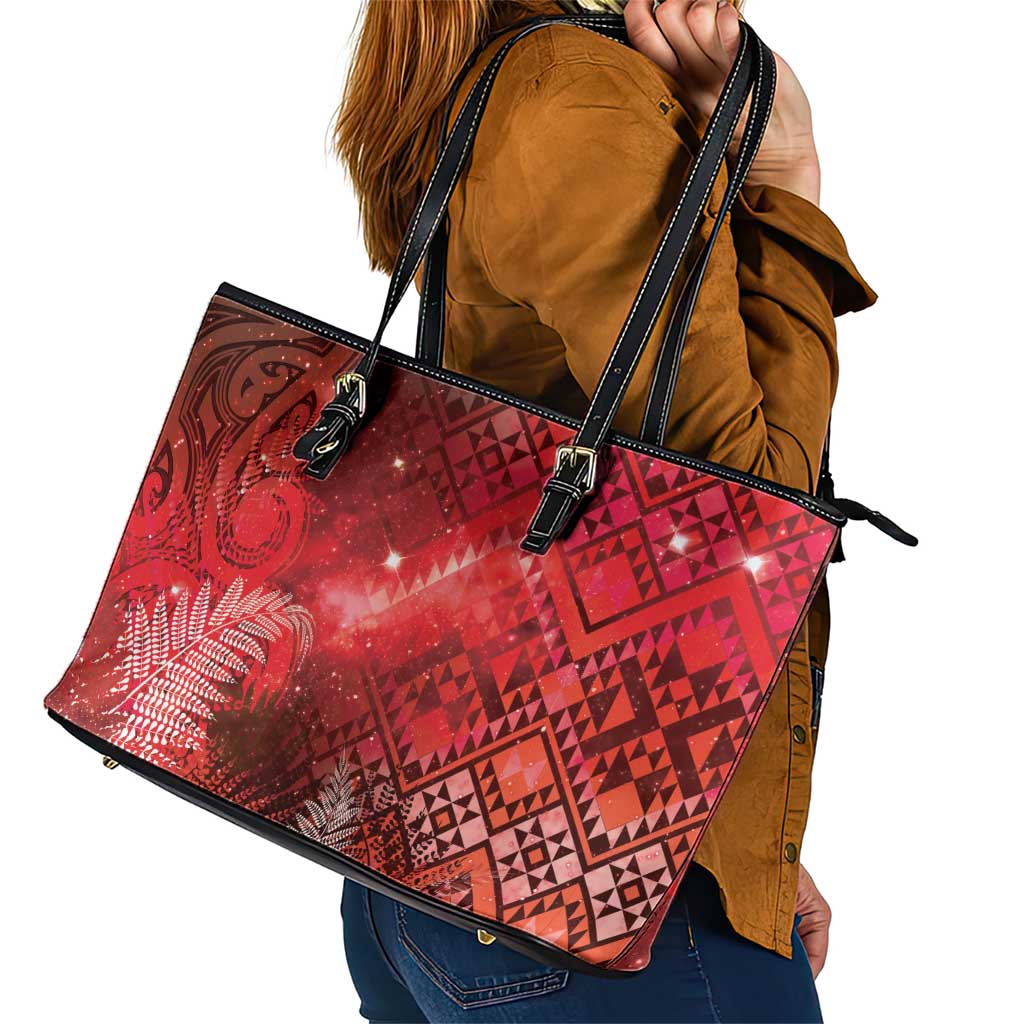 Aotearoa Taniko Matariki Leather Tote Bag Cosmic Red
