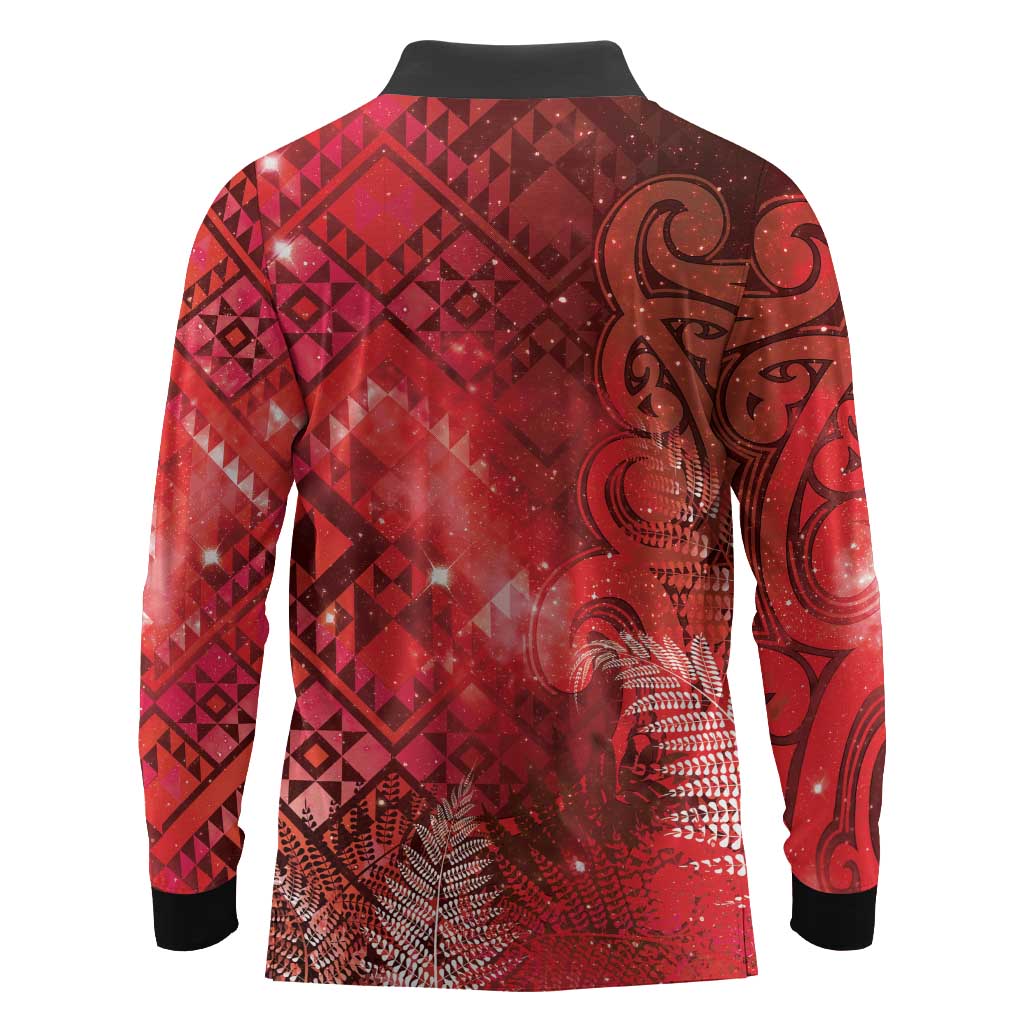 Aotearoa Taniko Matariki Long Sleeve Polo Shirt Cosmic Red