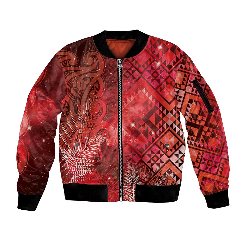 Aotearoa Taniko Matariki Sleeve Zip Bomber Jacket Cosmic Red