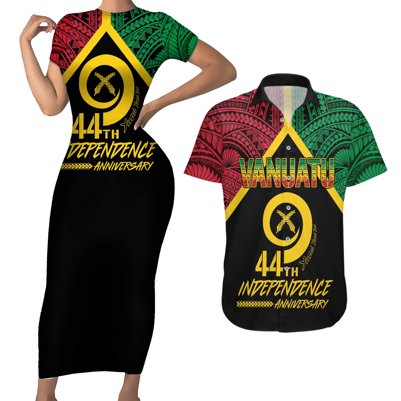 Vanuatu 44th Independence Anniversary Couples Matching Short Sleeve Bodycon Dress and Hawaiian Shirt