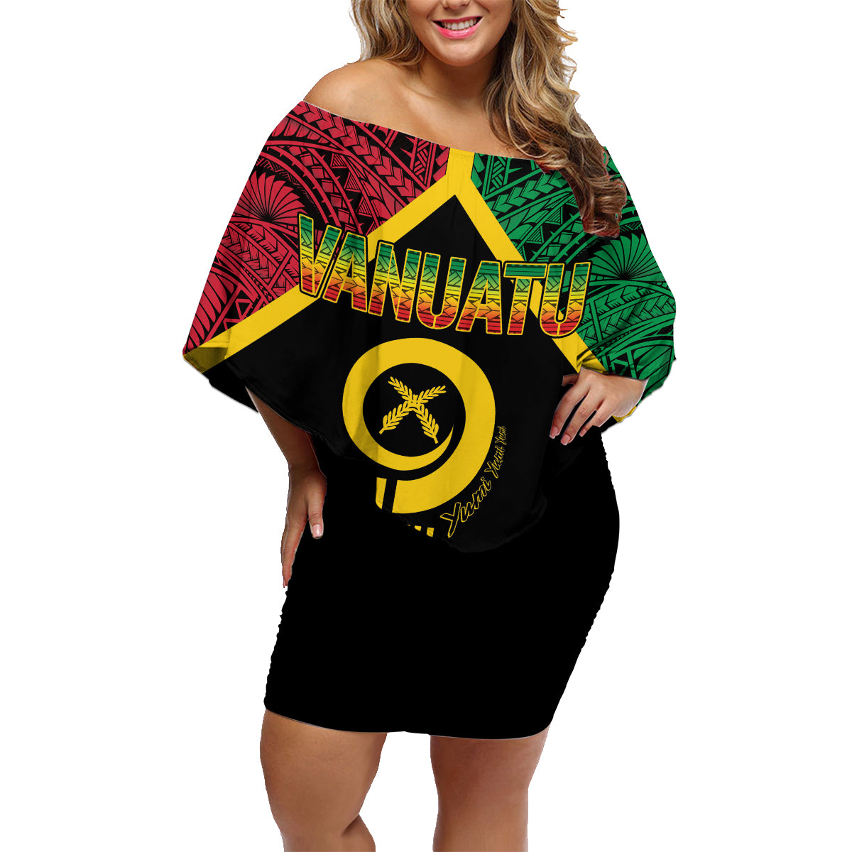 Vanuatu 44th Independence Anniversary Family Matching Off Shoulder Short Dress and Hawaiian Shirt