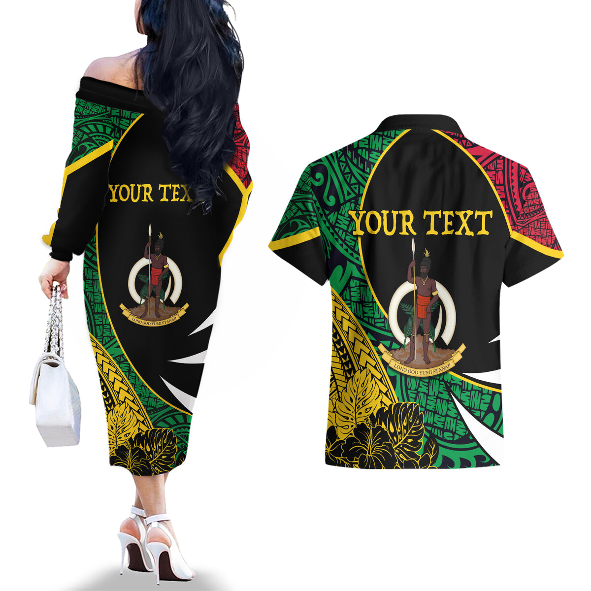 Vanuatu Independence Day Yumi 44 Couples Matching Off The Shoulder Long Sleeve Dress and Hawaiian Shirt