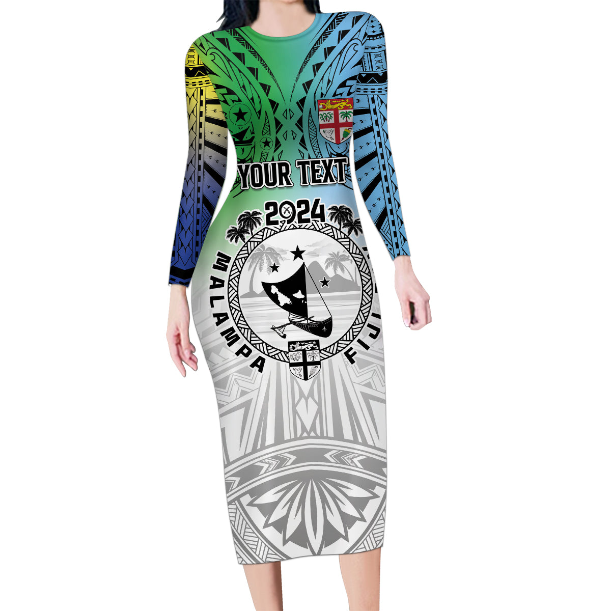 Malampa Fiji Day Family Matching Long Sleeve Bodycon Dress and Hawaiian Shirt Gradient Style
