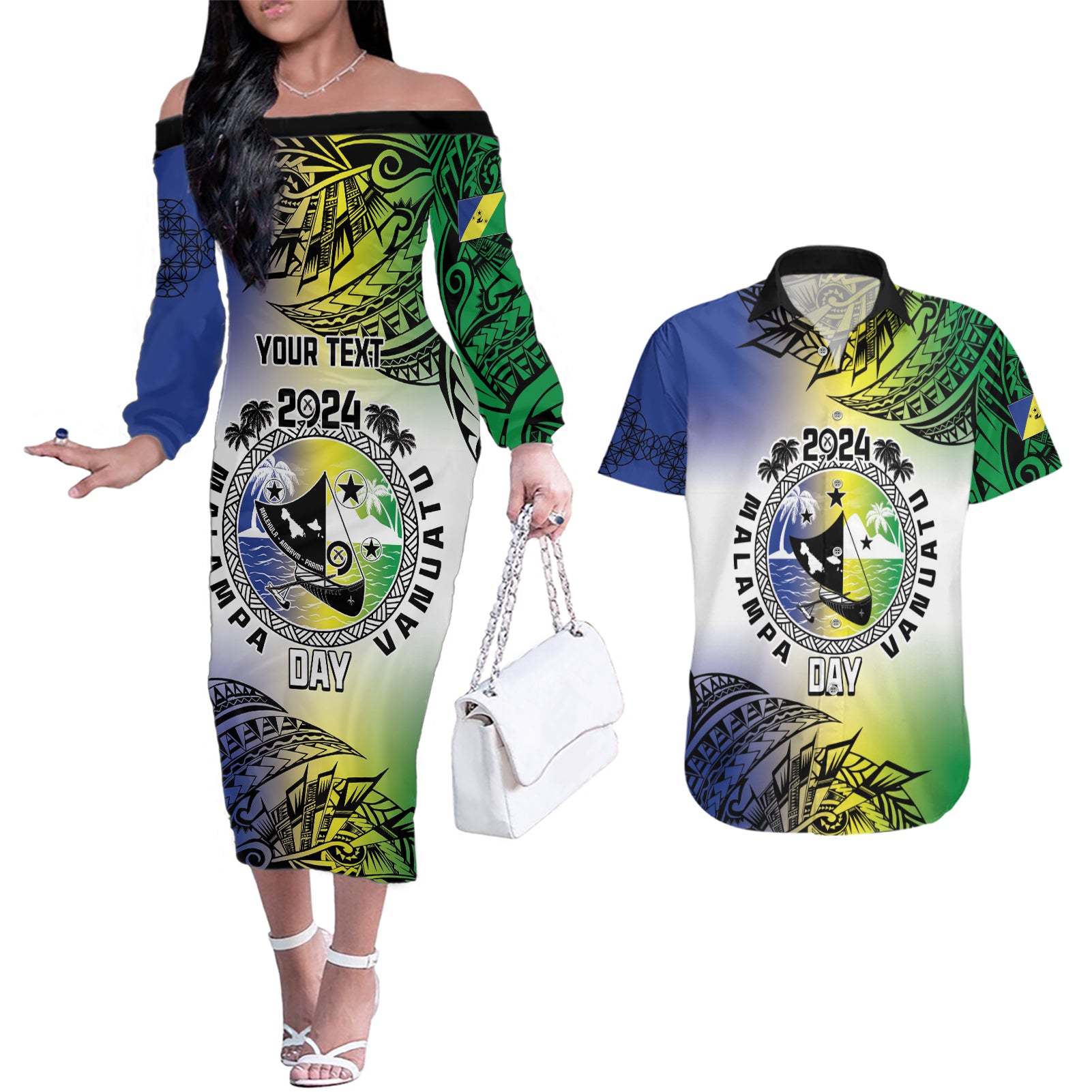 Malampa Day Couples Matching Off The Shoulder Long Sleeve Dress and Hawaiian Shirt Emblem Gradient Style