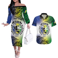 Malampa Day Couples Matching Off The Shoulder Long Sleeve Dress and Hawaiian Shirt Emblem Gradient Style