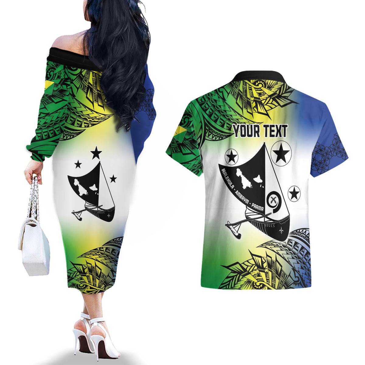 Malampa Day Couples Matching Off The Shoulder Long Sleeve Dress and Hawaiian Shirt Emblem Gradient Style