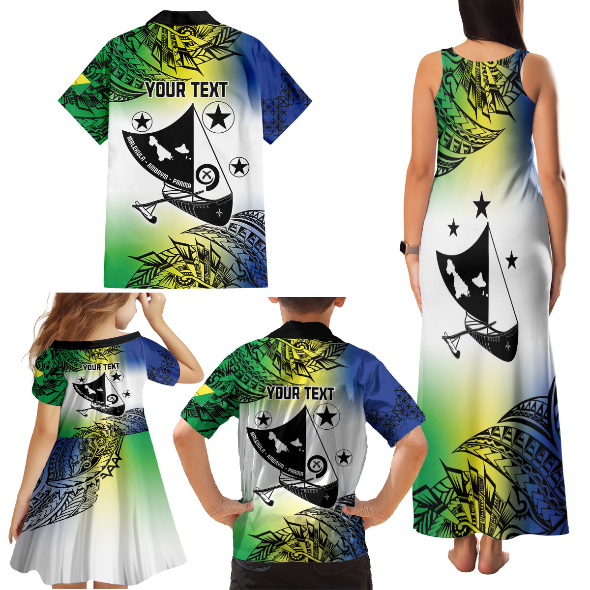Malampa Day Family Matching Tank Maxi Dress and Hawaiian Shirt Emblem Gradient Style