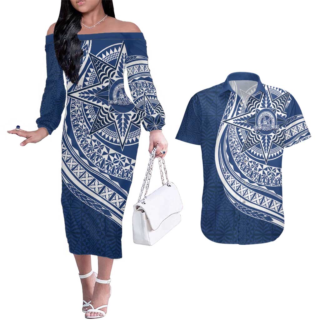 Tonga Queen Salote College Personalized Couples Matching Off The Shoulder Long Sleeve Dress and Hawaiian Shirt Ngatu Tokelaufeletoa Motifs