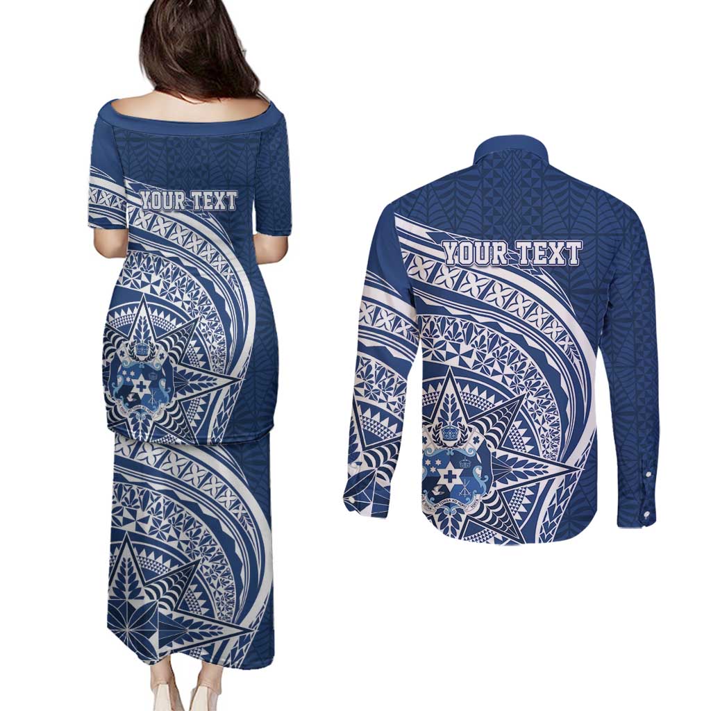Tonga Queen Salote College Personalized Couples Matching Puletasi and Long Sleeve Button Shirt Ngatu Tokelaufeletoa Motifs