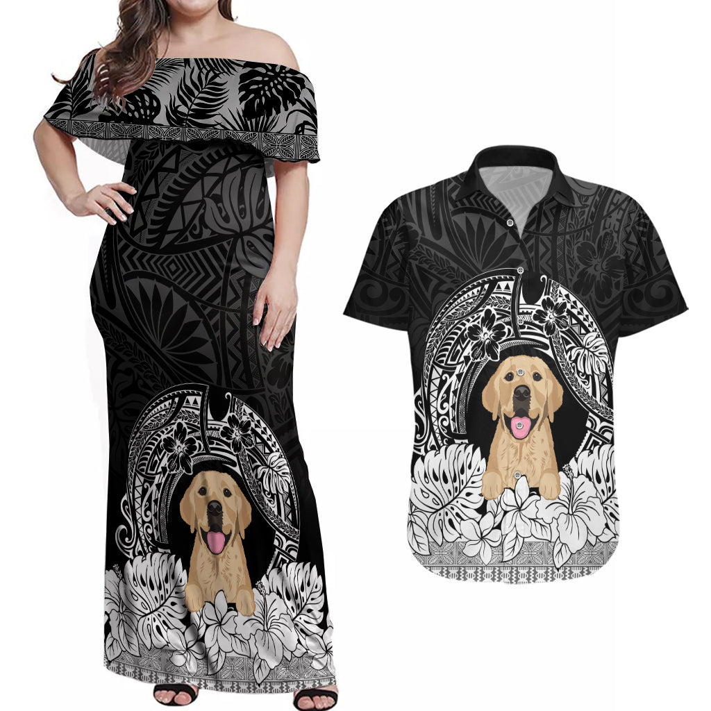 Personalised Dog Couples Matching Off Shoulder Maxi Dress and Hawaiian Shirt Golden Retriever With Polynesian Tapa Arch LT7 Black - Polynesian Pride