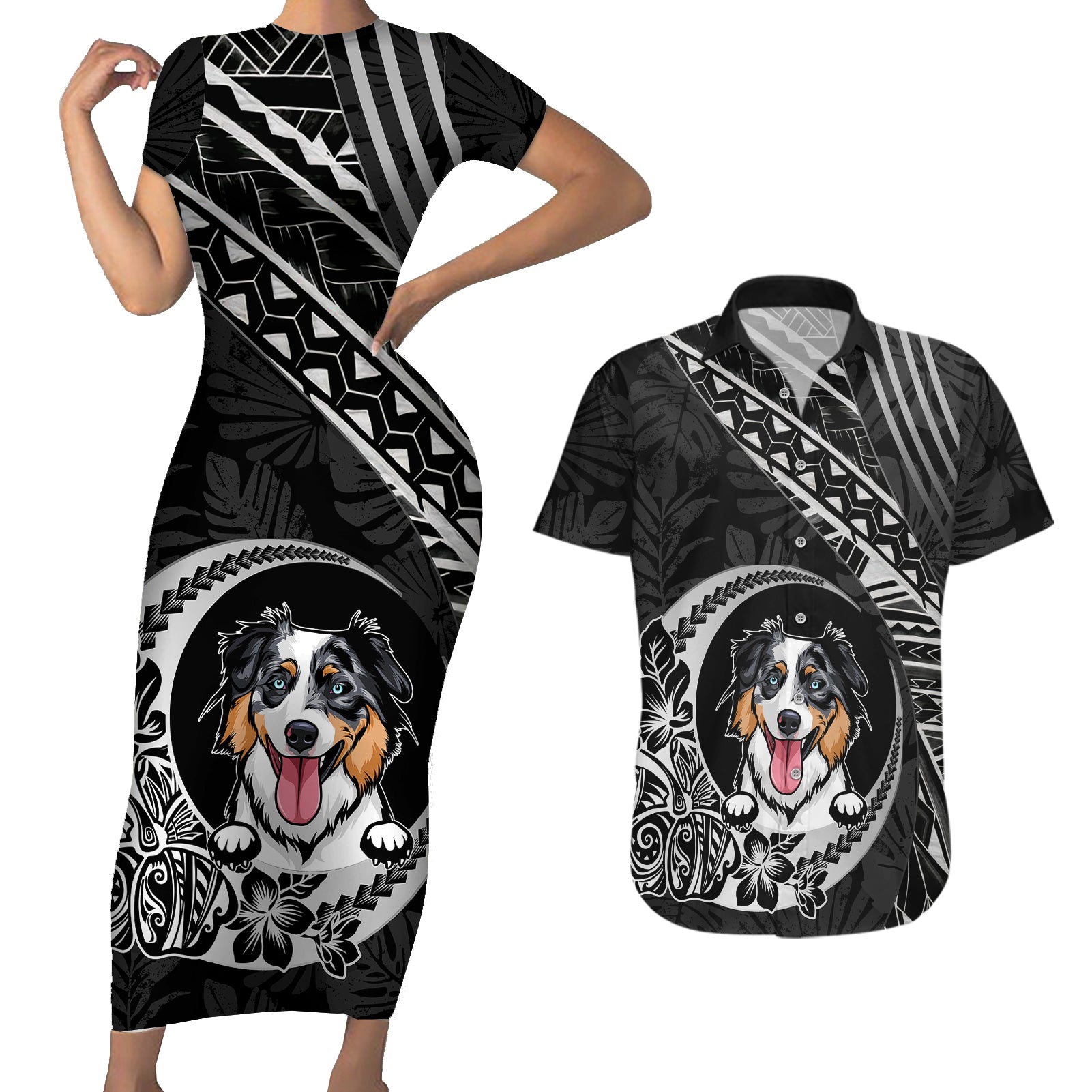 Personalised Polynesian Dog Couples Matching Short Sleeve Bodycon Dress and Hawaiian Shirt With Australian Shepherd - Crescent Style LT7 Black - Polynesian Pride