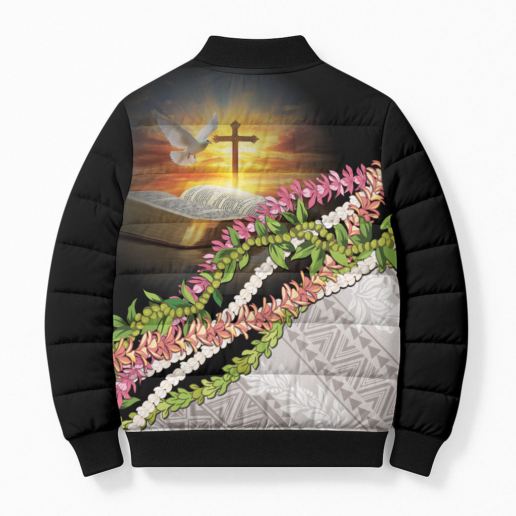 Hawaii Mokihana Mix Pikake Leis Mahalo 'Olelo Bomber Puffer Jacket Black LT7 - Polynesian Pride
