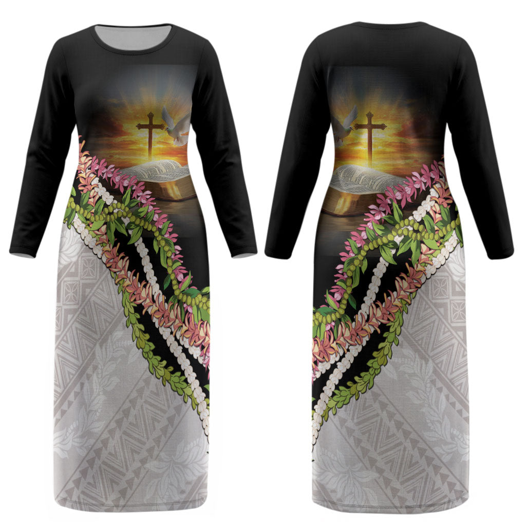 Hawaii Mokihana Mix Pikake Leis Mahalo 'Olelo Couples Matching Long Sleeve Bodycon Dress and Hawaiian Shirt Black LT7 - Polynesian Pride