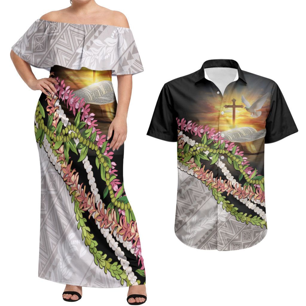 Hawaii Mokihana Mix Pikake Leis Mahalo 'Olelo Couples Matching Off Shoulder Maxi Dress and Hawaiian Shirt Black