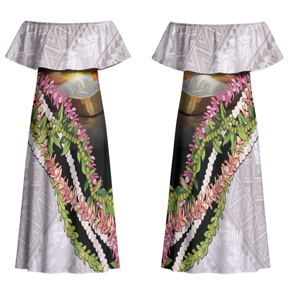 Hawaii Mokihana Mix Pikake Leis Mahalo 'Olelo Couples Matching Off Shoulder Maxi Dress and Hawaiian Shirt Black
