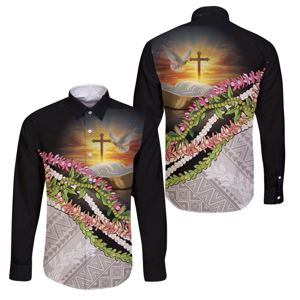 Hawaii Mokihana Mix Pikake Leis Mahalo 'Olelo Family Matching Mermaid Dress and Hawaiian Shirt Black LT7 Dad's Shirt - Long Sleeve Black - Polynesian Pride