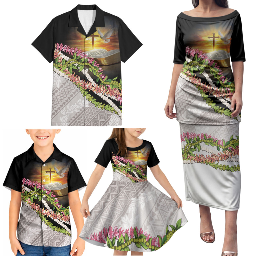Hawaii Mokihana Mix Pikake Leis Mahalo 'Olelo Family Matching Puletasi and Hawaiian Shirt Black