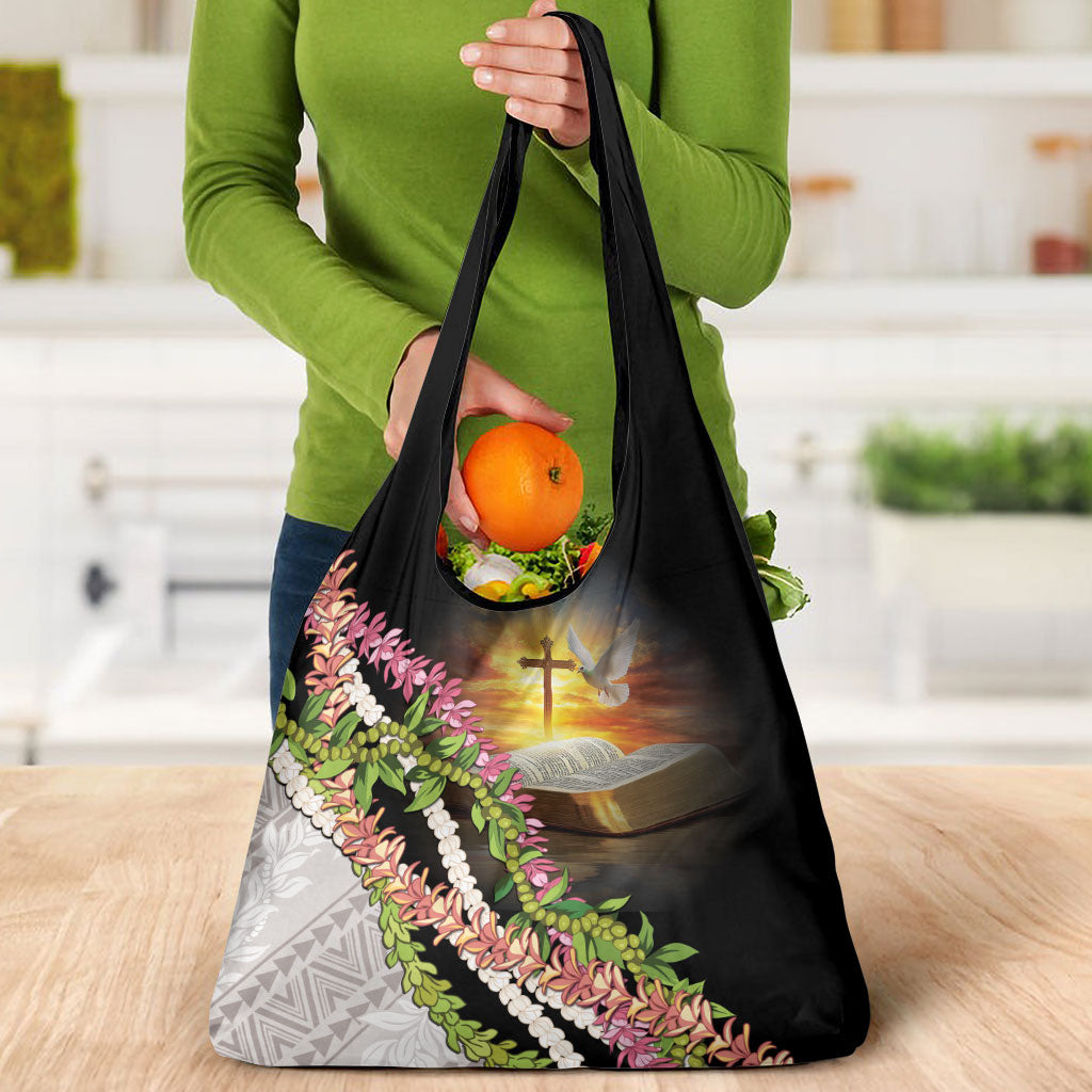 Hawaii Mokihana Mix Pikake Leis Mahalo 'Olelo Grocery Bag Black