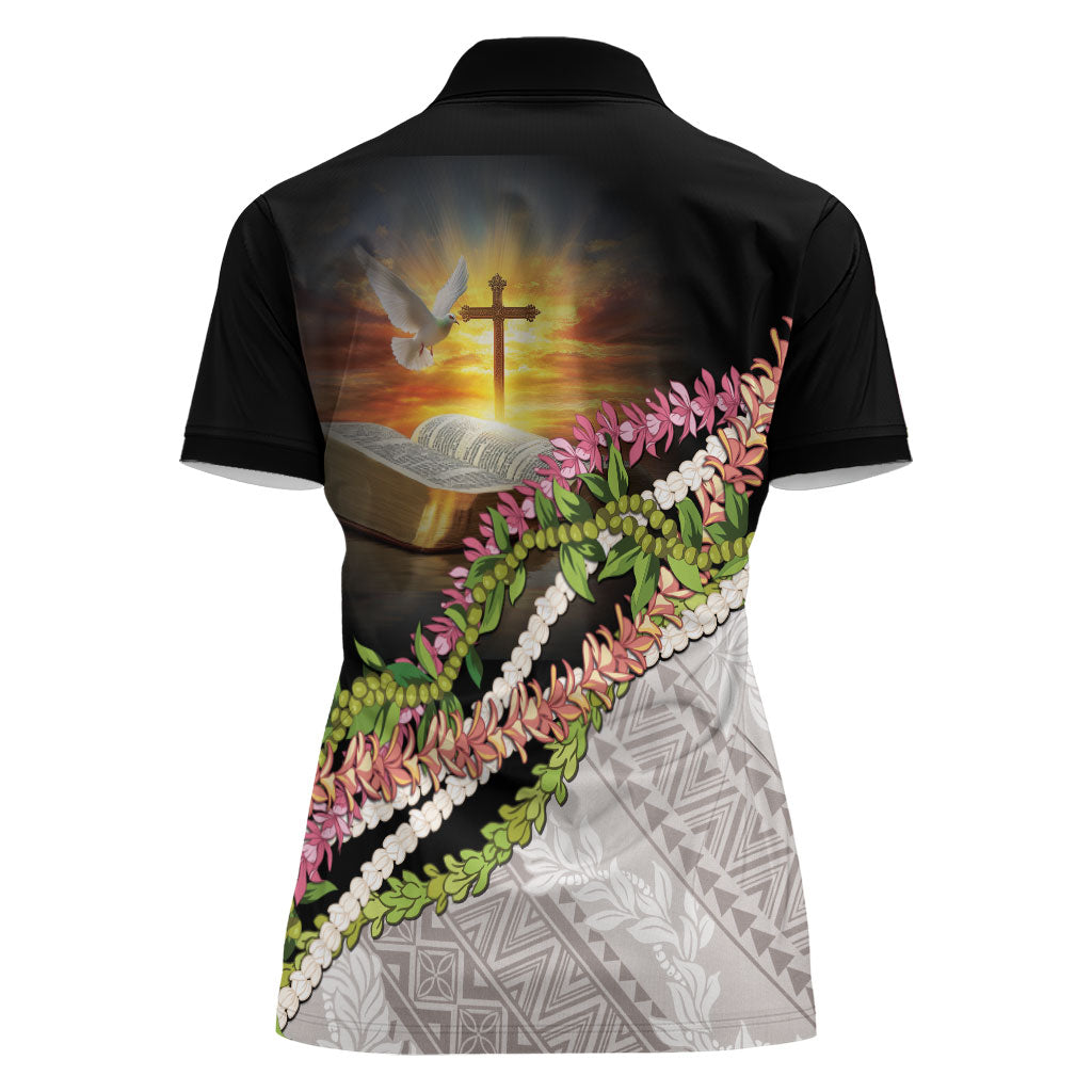 Hawaii Mokihana Mix Pikake Leis Mahalo 'Olelo Women Polo Shirt Black LT7 - Polynesian Pride