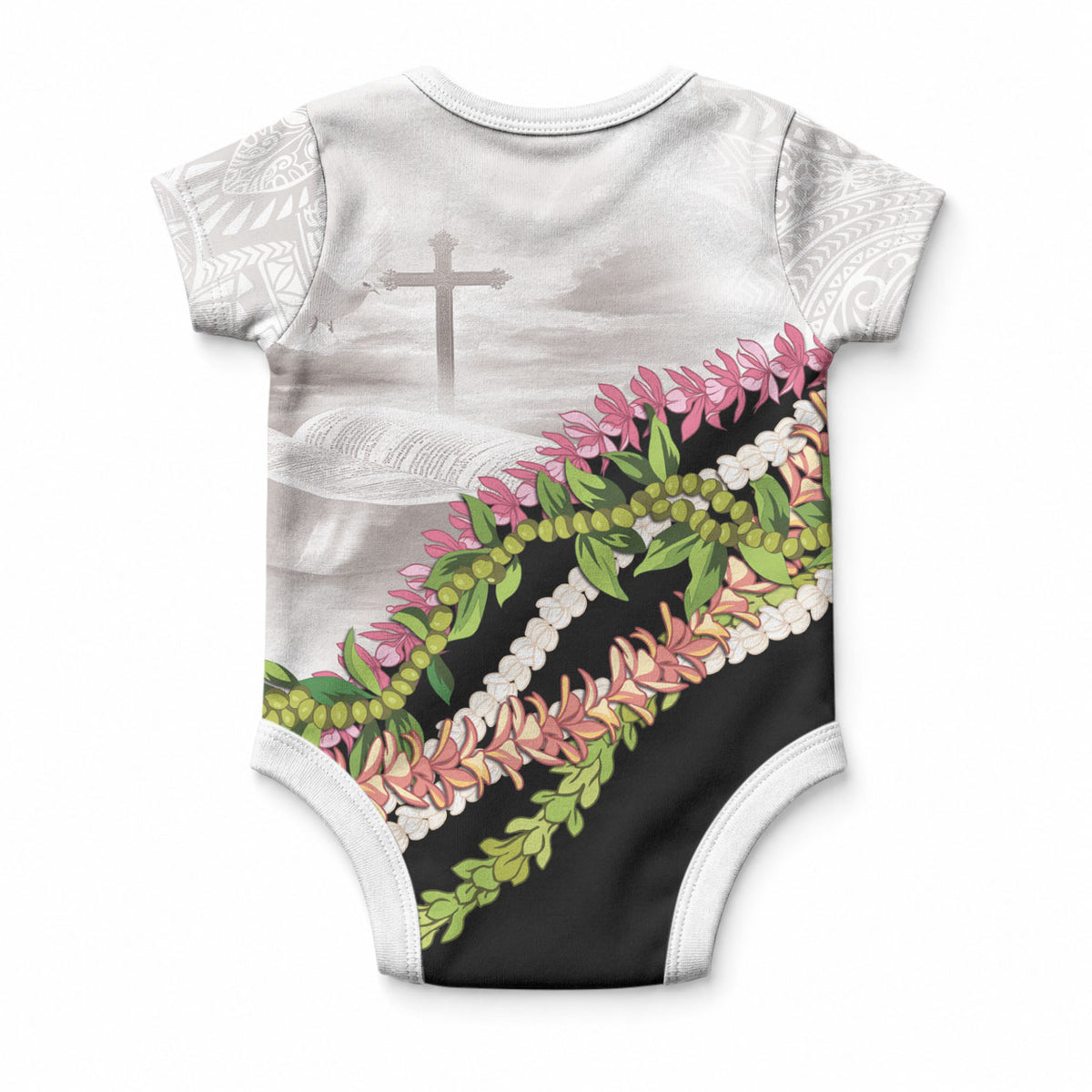 Hawaii Mokihana Mix Pikake Leis Mahalo 'Olelo Baby Onesie White Tapa