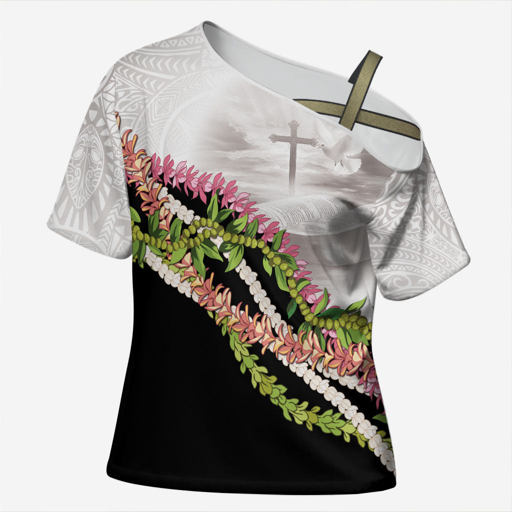 Hawaii Mokihana Mix Pikake Leis Mahalo 'Olelo Cross Shoulder Shirt White Tapa LT7 Female White - Polynesian Pride