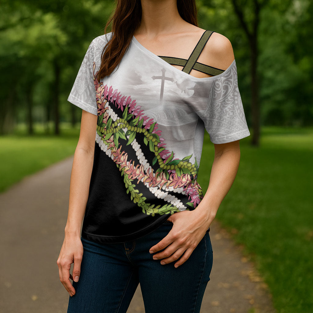 Hawaii Mokihana Mix Pikake Leis Mahalo 'Olelo Cross Shoulder Shirt White Tapa LT7 - Polynesian Pride