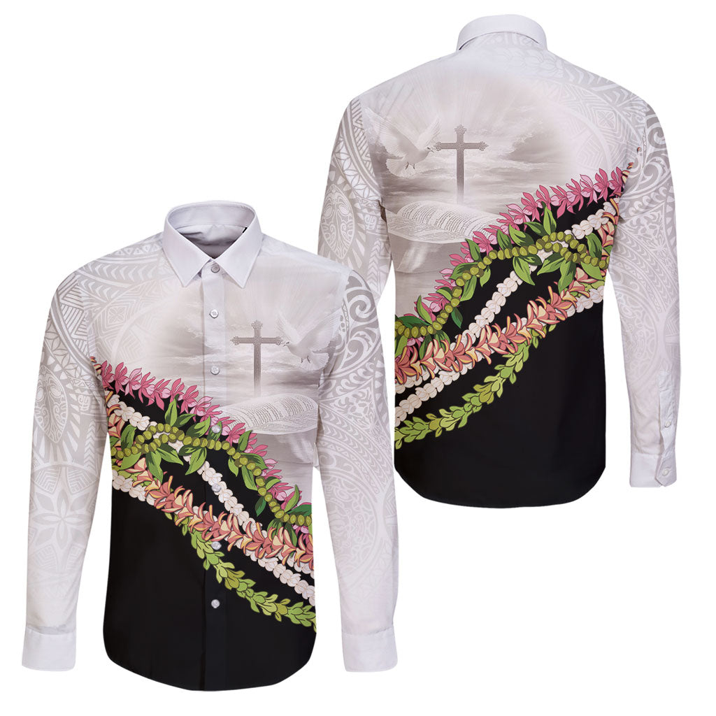 Hawaii Mokihana Mix Pikake Leis Mahalo 'Olelo Family Matching Mermaid Dress and Hawaiian Shirt White Tapa LT7 Dad's Shirt - Long Sleeve White - Polynesian Pride