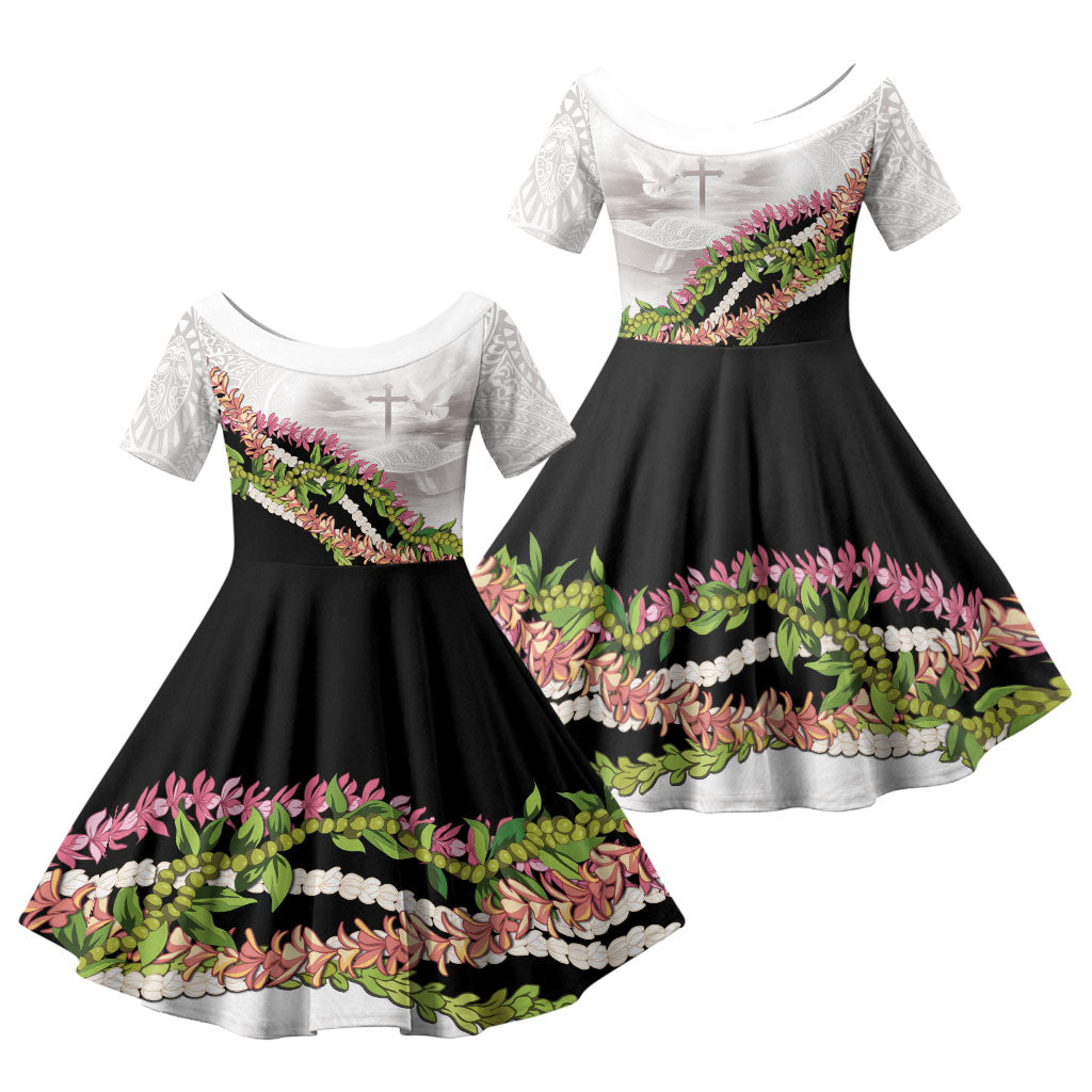Hawaii Mokihana Mix Pikake Leis Mahalo 'Olelo Family Matching Mermaid Dress and Hawaiian Shirt White Tapa LT7 Daughter's Dress White - Polynesian Pride