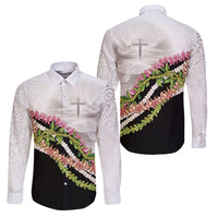 Hawaii Mokihana Mix Pikake Leis Mahalo 'Olelo Family Matching Off The Shoulder Long Sleeve Dress and Hawaiian Shirt White Tapa LT7 Dad's Shirt - Long Sleeve White - Polynesian Pride
