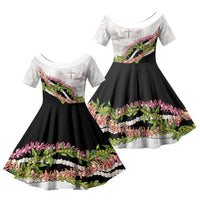 Hawaii Mokihana Mix Pikake Leis Mahalo 'Olelo Family Matching Off The Shoulder Long Sleeve Dress and Hawaiian Shirt White Tapa LT7 Daughter's Dress White - Polynesian Pride
