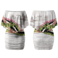 Hawaii Mokihana Mix Pikake Leis Mahalo 'Olelo Family Matching Off Shoulder Short Dress and Hawaiian Shirt White Tapa LT7 Mom's Dress White - Polynesian Pride