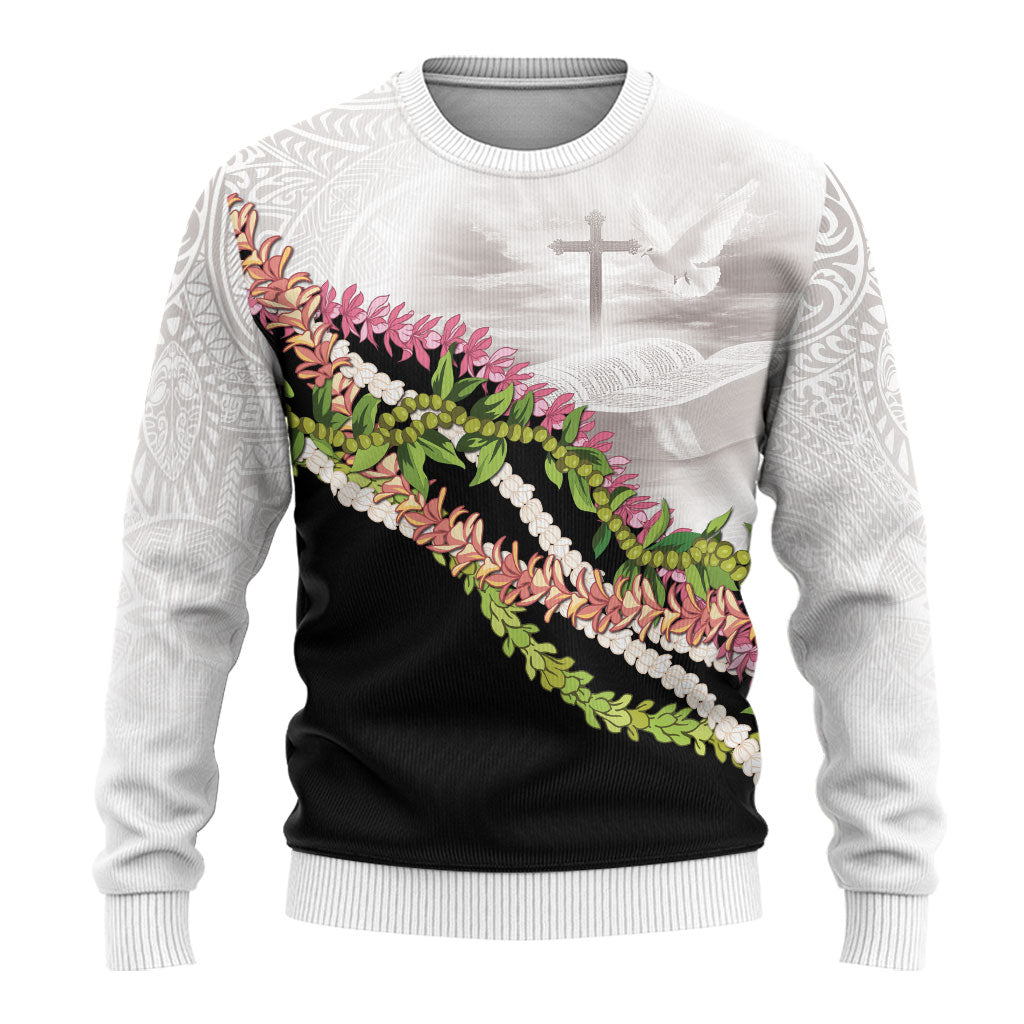 Hawaii Mokihana Mix Pikake Leis Mahalo 'Olelo Ugly Christmas Sweater White Tapa