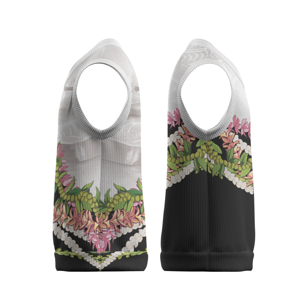Hawaii Mokihana Mix Pikake Leis Mahalo 'Olelo Christmas Knitted V-Neck Vest White Tapa