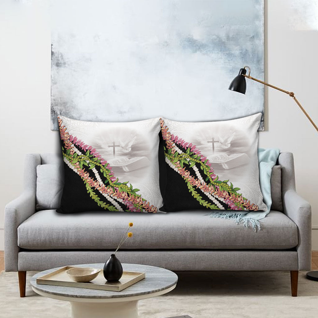 Hawaii Mokihana Mix Pikake Leis Mahalo 'Olelo Pillow Cover White Tapa