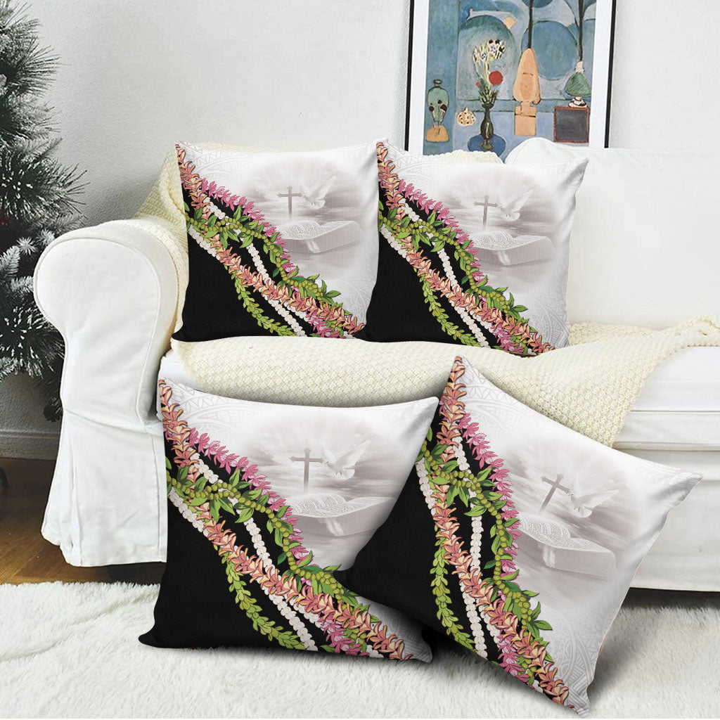 Hawaii Mokihana Mix Pikake Leis Mahalo 'Olelo Pillow Cover White Tapa
