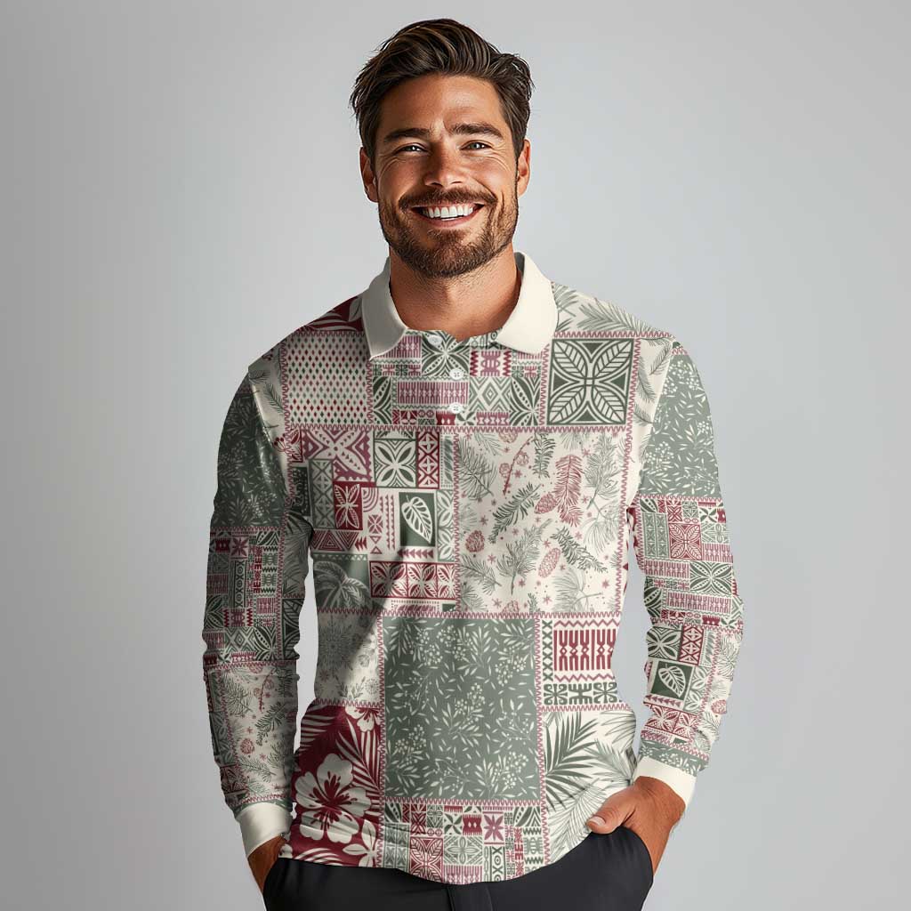 Aloha Hawaii Pastel Christmas Patchwork Long Sleeve Polo Shirt Classic Style - Polynesian Pride