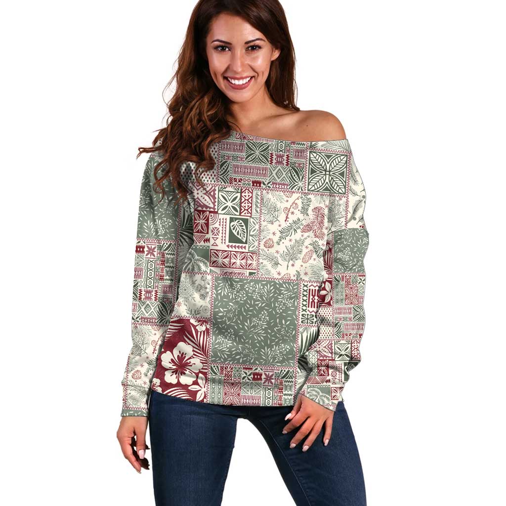 Aloha Hawaii Pastel Christmas Patchwork Off Shoulder Sweater Classic Style - Polynesian Pride