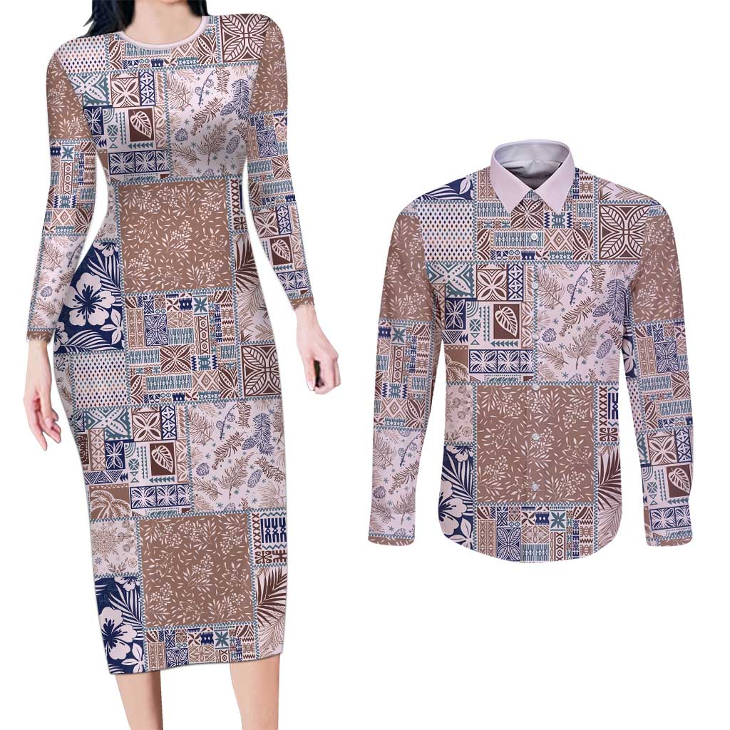 Aloha Hawaii Pastel Christmas Patchwork Couples Matching Long Sleeve Bodycon Dress and Long Sleeve Button Shirt Rustic Style - Polynesian Pride