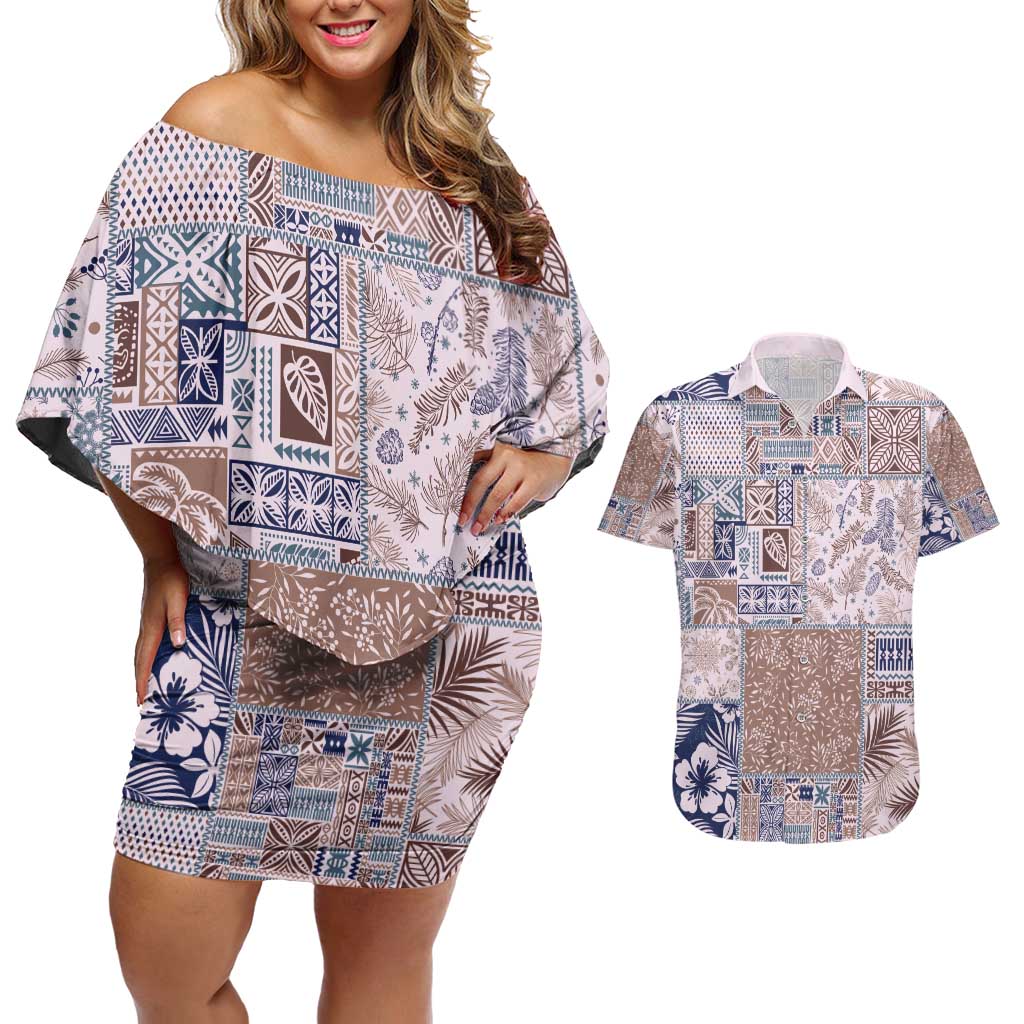 Aloha Hawaii Pastel Christmas Patchwork Couples Matching Off Shoulder Short Dress and Hawaiian Shirt Rustic Style - Polynesian Pride